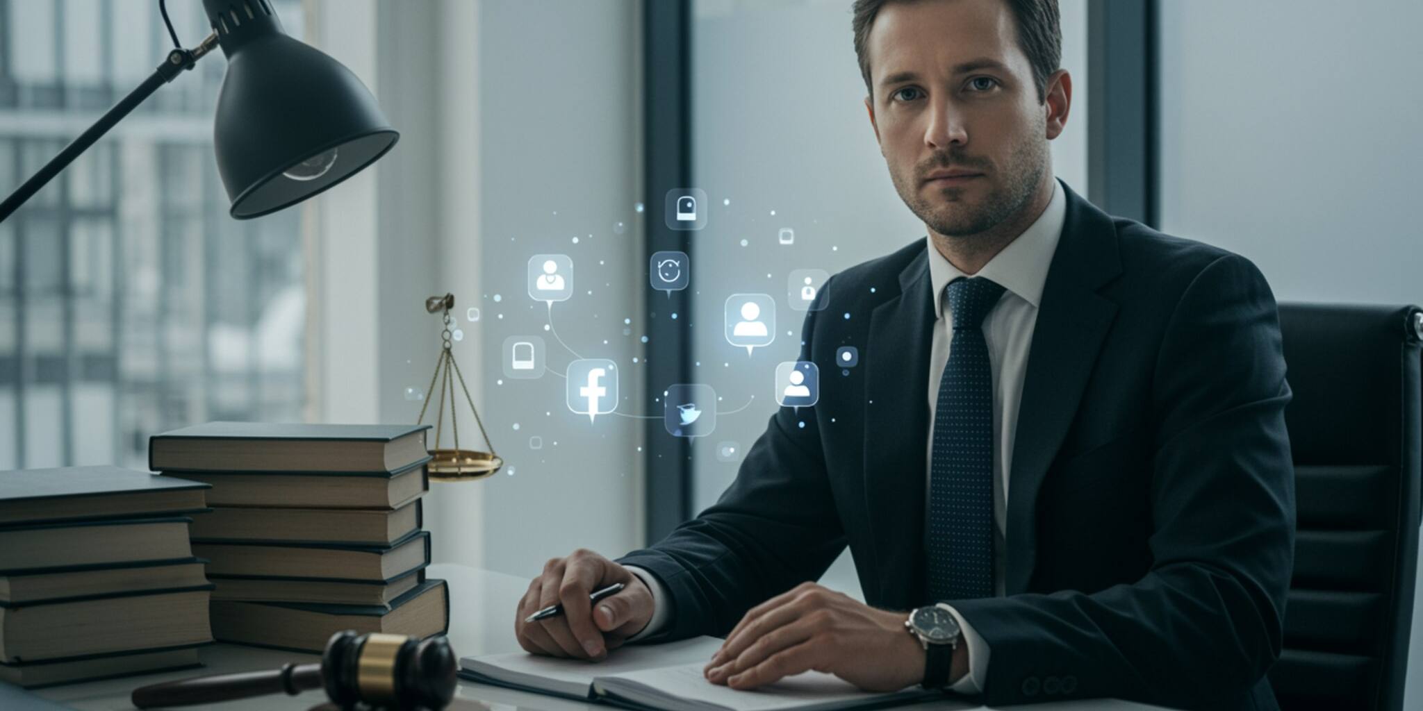 "Abogado blanco confiado en sus 30s en oficina moderna, con libros de derecho y laptop, especializado en gestión de reputación online y defensa legal en redes sociales."