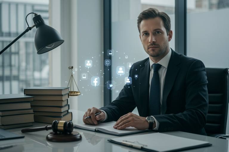 "Abogado blanco confiado en sus 30s en oficina moderna, con libros de derecho y laptop, especializado en gestión de reputación online y defensa legal en redes sociales."
