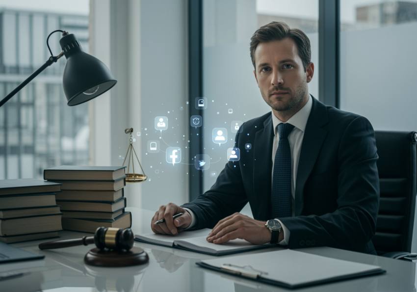 imagen12 1 "Abogado blanco confiado en sus 30s en oficina moderna, con libros de derecho y laptop, especializado en gestión de reputación online y defensa legal en redes sociales."