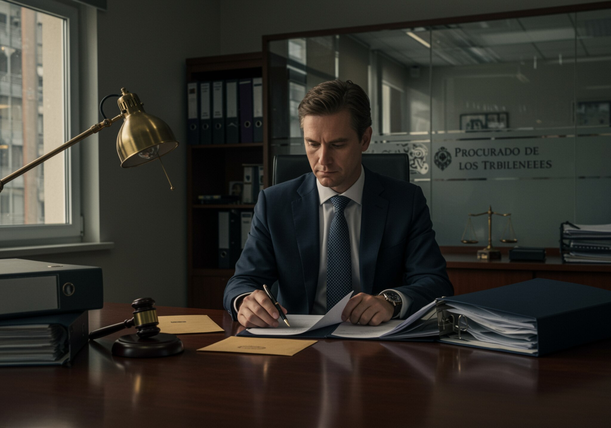 "Procurador de los Tribunales en una oficina moderna, revisando documentos en un escritorio de caoba, reflejando autoridad y profesionalismo."