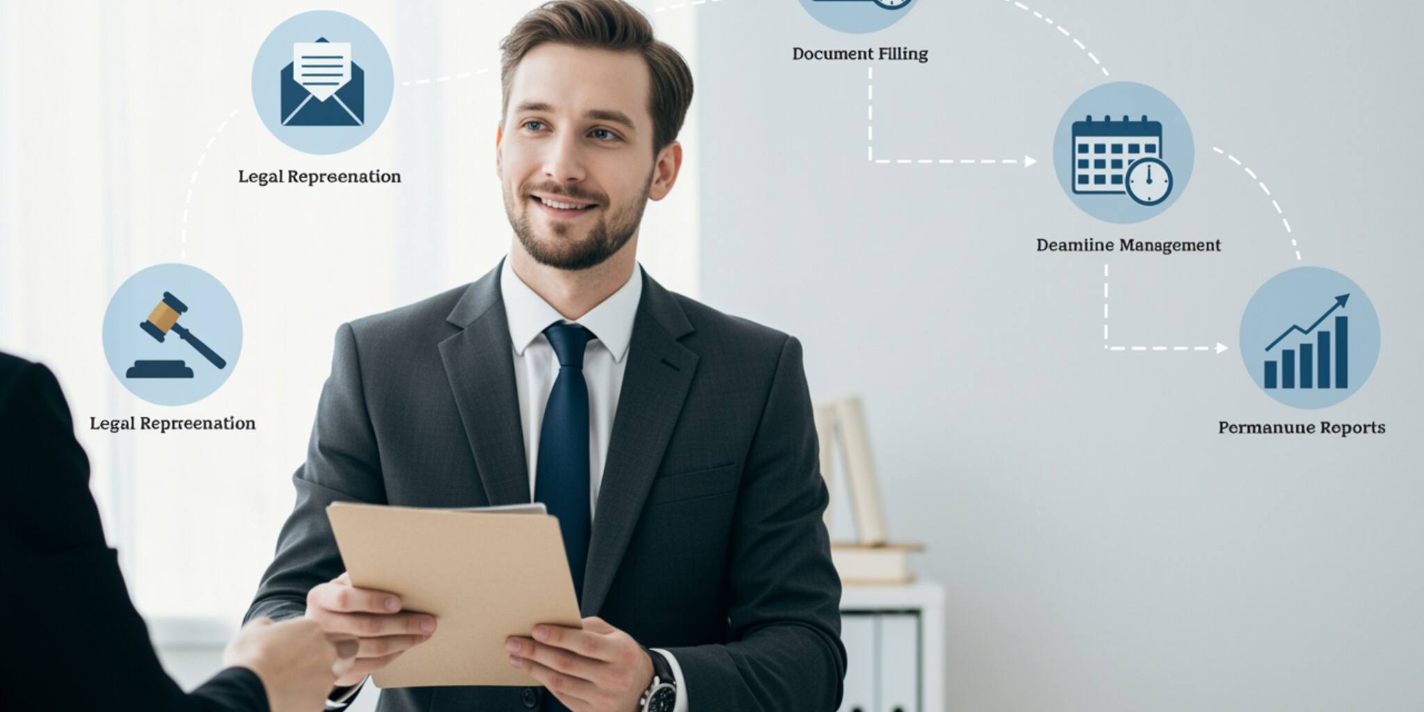 "Infografía minimalista que muestra a un procurador legal sonriente en traje oscuro, ofreciendo documentos a un cliente, rodeado de íconos de representación legal, gestión de plazos y asesoría permanente, transmitiendo confianza y profesionalismo."