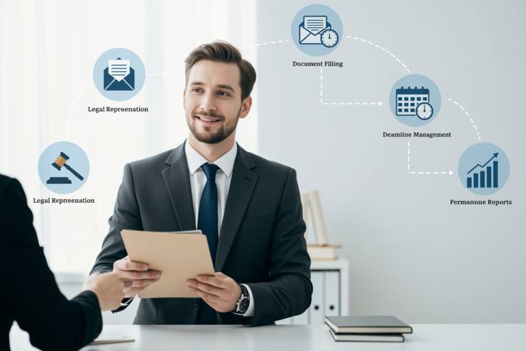"Infografía minimalista que muestra a un procurador legal sonriente en traje oscuro, ofreciendo documentos a un cliente, rodeado de íconos de representación legal, gestión de plazos y asesoría permanente, transmitiendo confianza y profesionalismo."