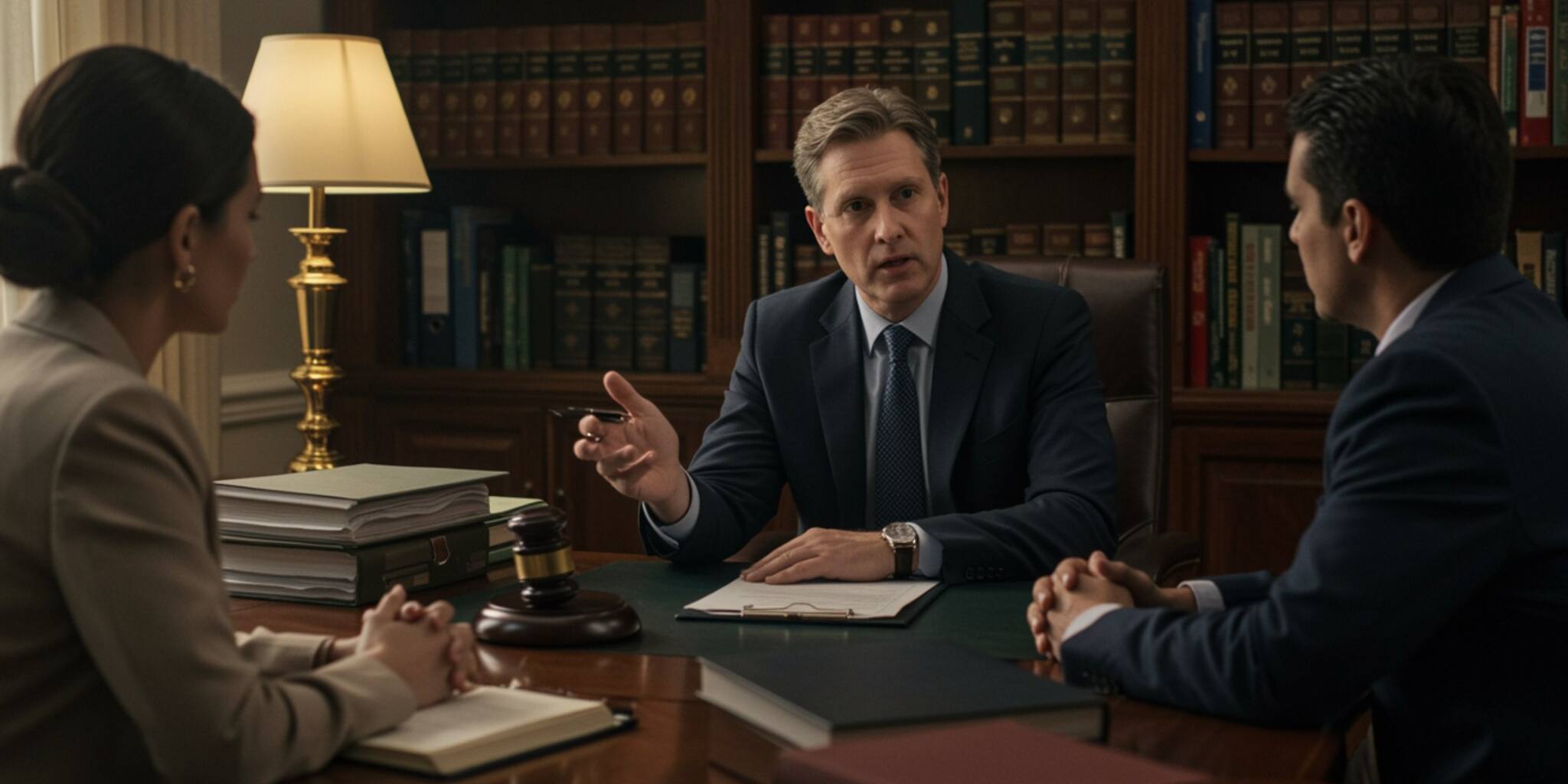 "Abogado blanco asesorando a una pareja diversa en una oficina profesional, rodeado de documentos legales y libros, en un ambiente colaborativo y acogedor."