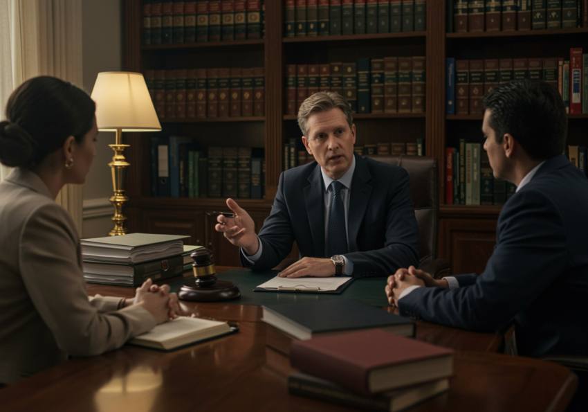 imagen13 "Abogado blanco asesorando a una pareja diversa en una oficina profesional, rodeado de documentos legales y libros, en un ambiente colaborativo y acogedor."